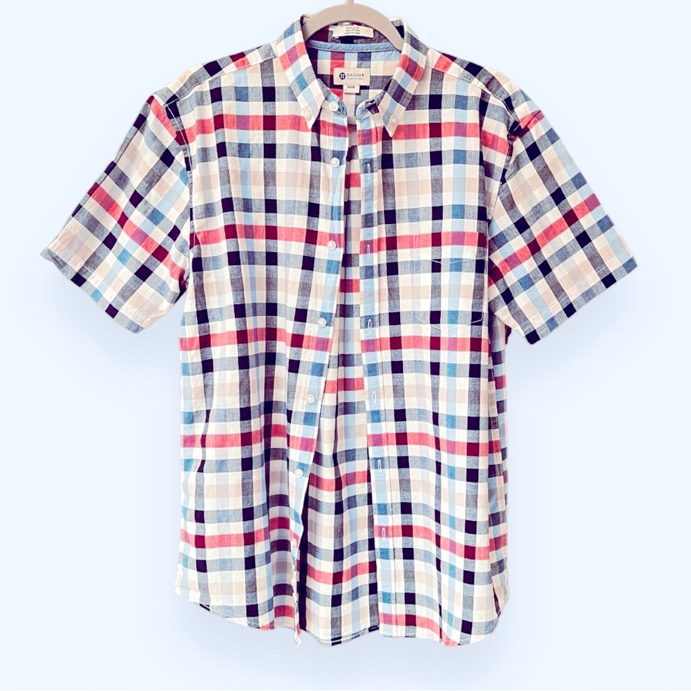 Haggar Clothing | Polo Shirt | Medium | Plaid Pattern Blue-Black-Tan-Red | $18 - Picture 2 of 8